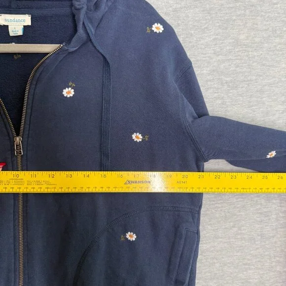 Sundance Size Large Navy Embroidered Floral Zip Hoodie Boho Cotton - Picture 6 of 8